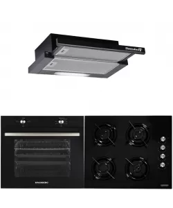 Pachet Incorporabil Hausberg Cuptor electric HB-8051NG, Clasa A, 76L, 2000W, Negru/Inox, Plita Incorporabila HB-563NG, 4 arzatoare, Gaz, Sticla, Negru, Hota incorporabila telescopica HB-1285NG, Putere de absorbtie 420 m3/h, 2 motoare