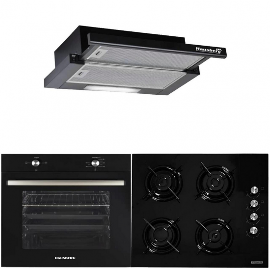Pachet Incorporabil Hausberg Cuptor electric HB-8051NG, Clasa A, 76L, 2000W, Negru/Inox, Plita Incorporabila HB-563NG, 4 arzatoare, Gaz, Sticla, Negru, Hota incorporabila telescopica HB-1285NG, Putere de absorbtie 420 m3/h, 2 motoare
