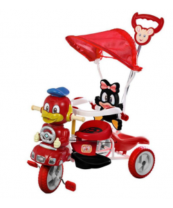 Tricicleta cu pedale pentru copii si bebe, Maner detasabil pentru parinti, Copertina, Melodii si Lumini, Model Ratusca, Rosie 