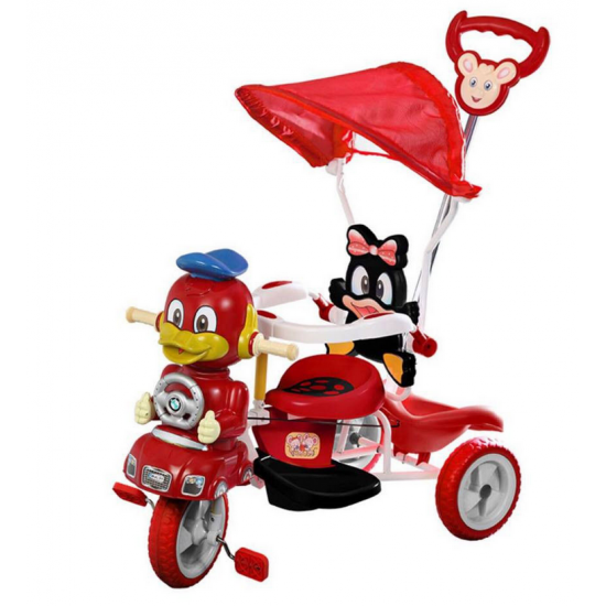 Tricicleta cu pedale pentru copii si bebe, Maner detasabil pentru parinti, Copertina, Melodii si Lumini, Model Ratusca, Rosie