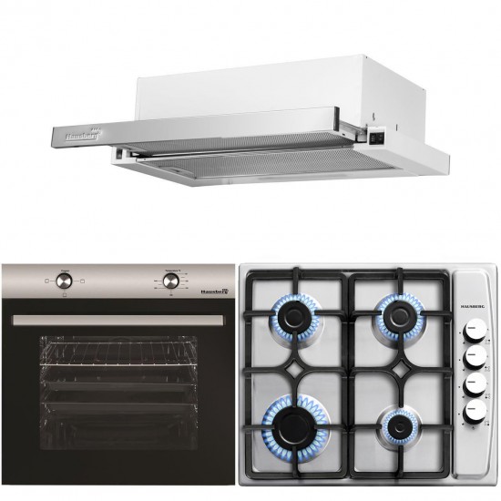 Pachet Incorporabil Cuptor electric Hausberg HB-8051IN, Clasa A, 76L, 2000W, Negru/Inox, Plita incorporabila HB-556IN, Gaz, 4 arzatoare, Gratar din fonta, Hota incorporabila telescopica HB-1285IN, Putere de absorbtie 420 m3/h, 2 motoare, 60 cm, Alb