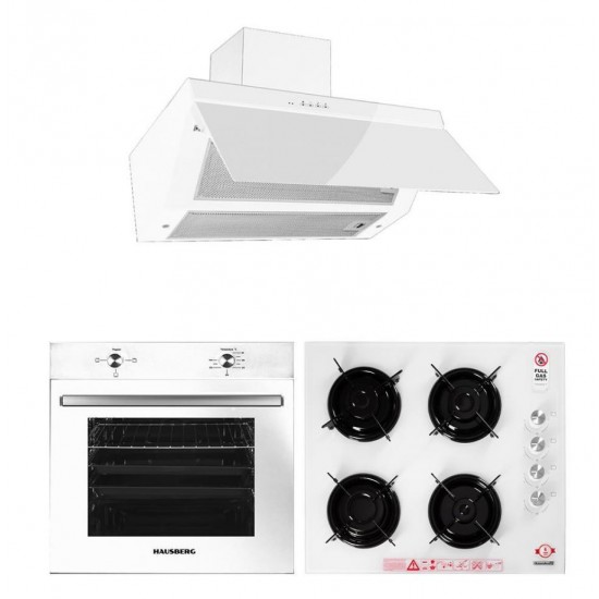 Pachet Incorporabil Cuptor electric Hausberg HB-8051AB, Clasa A, 76L, 2000W, Plita incorporabila Hausberg HB-563AB, Gaz, 4 arzatoare, Hota Incorporabila decorativa HB-1275AB, 60 cm, absorbtie 450m3/h, Filtru aluminiu, Alb