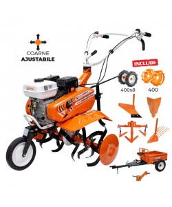 Motosapa DAC 7000 ACC4 + roti cauciuc 4.00-8+rarita+plug+adaptor+dispozitiv scos cartofi+roti metalice 400 fara manicot+cultivator+remorca RURIS 450S 7CP