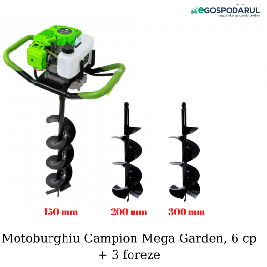 Motoburghiu pe benzina, foreza pentru pamant, Mega Garden by Campion, 6 cp + 3 burghie incluse (150,200,300 mm)