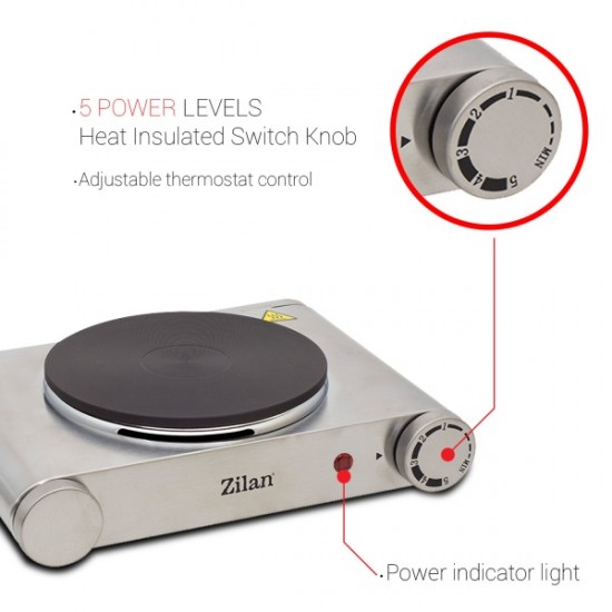 Plita electrica inox Zilan ZLN-0535, 33x10x30, 1 arzator, 1500 W, termostat reglabil