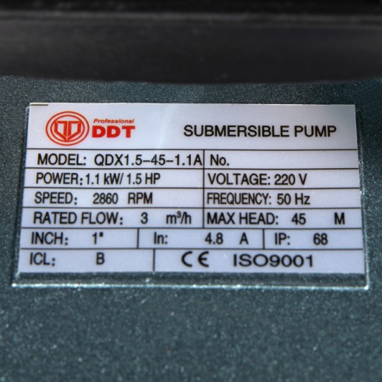 Pompa submersibila apa curata cu plutitor, DDT, QDX1.5-45-1.1, 1100 W, 3 mc/h, 1 tol