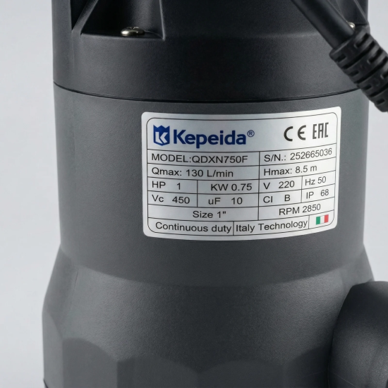 Pompa submersibila apa curata KEPEIDA QDXN750F, 0.75 kW, debit max 130 L/min, inaltime maxima refulare 8.5 metri, bobinaj 100% cupru, tehnologie si design italian