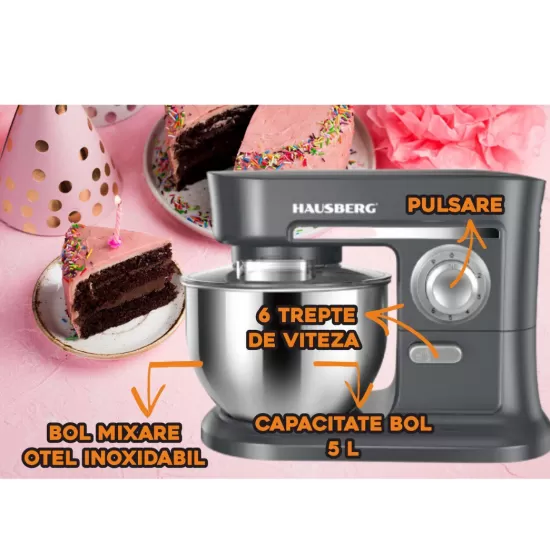 Mixer cu bol HAUSBERG HB-7620GR, putere 700-800W, 5 litri, 6 viteze, Gri Mixer cu bol HAUSBERG HB-7620GR, putere 700-800W, 5 litri, 6 viteze, Gri