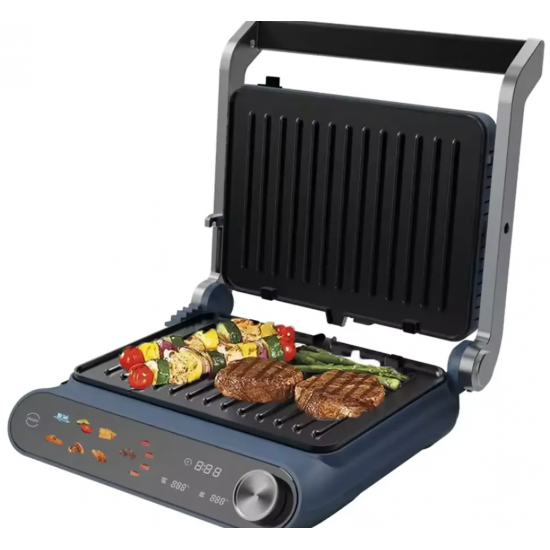 Sandwich Maker 2 in 1 HAUSBERG HB-635, Putere 2200 W, Placi pentru sanwich si grill, Acoperite cu strat anti-aderent, Ecran tactil digital, 7 programe diferite de gatit, Culoare Albastru/Gri