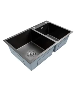 Chiuveta dubla bucatarie BÖHM BH7849DBA, inox alimentar SUS304, 780 x 490 x 220 mm, 2 cuve, finisaj Negru, sifon inclus