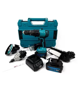 Trusa 5 in 1 Assur cu 2 acumulatori, bormasina, cheie impact, minidrujba, fierastrau sabie si flex Trusa 5 in 1 Assur cu 2 acumulatori, bormasina, cheie impact, minidrujba, fierastrau sabie si flex