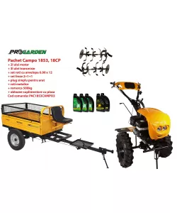 Pachet motocultor Campo 1853, benzina, EURO5, 18CP, 2+1 trepte, remorca 500kg, ulei motor si transmisie incluse Pachet motocultor Campo 1853, benzina, EURO5, 18CP, 2+1 trepte, remorca 500kg, ulei motor si transmisie incluse