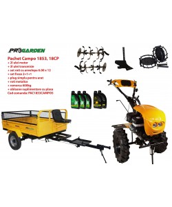 Pachet motocultor Campo 1853, benzina, EURO5, 18CP, 2+1 trepte, remorca 600kg, accesorii, ulei motor si transmisie incluse