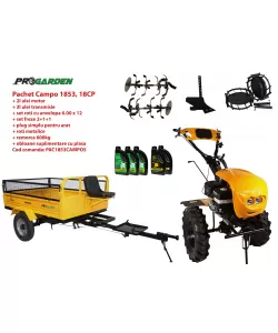 Pachet motocultor Campo 1853, benzina, EURO5, 18CP, 2+1 trepte, remorca 600kg, accesorii, ulei motor si transmisie incluse Pachet motocultor Campo 1853, benzina, EURO5, 18CP, 2+1 trepte, remorca 600kg, accesorii, ulei motor si transmisie incluse