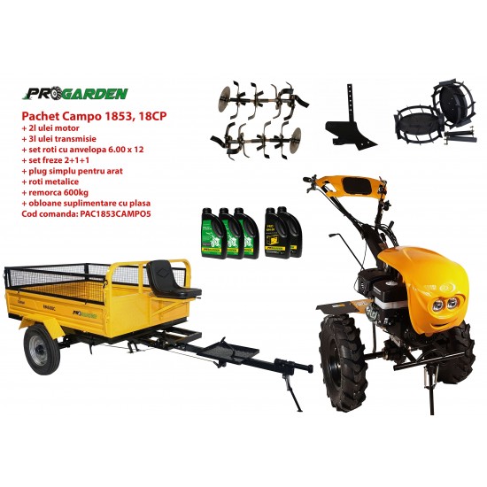 Pachet motocultor Campo 1853, benzina, EURO5, 18CP, 2+1 trepte, remorca 600kg, accesorii, ulei motor si transmisie incluse