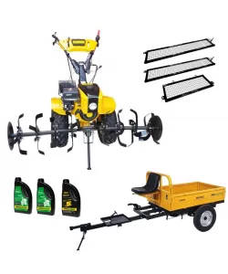 Pachet motocultor Campo 853, benzina, 7.5CP, 2+1 trepte, roti atv, manicot rulment, remorca 500kg, ulei motor si transmisie incluse Pachet motocultor Campo 853, benzina, 7.5CP, 2+1 trepte, roti atv, manicot rulment, remorca 500kg, ulei motor si transmisie incluse