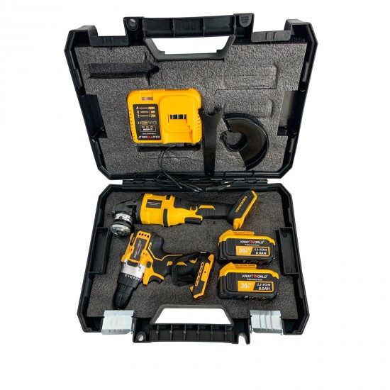 Trusa KraftWorld Masina de gaurit si insurubat /Polizor unghiular, 2 acumulatori 36V 8 Ah