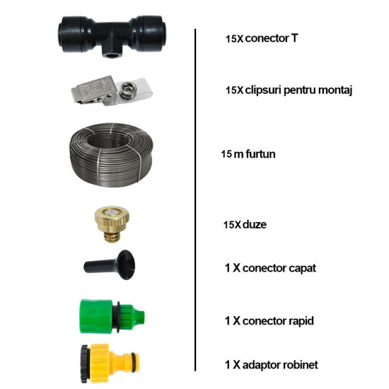 Sistem racire exterioara terase, 15m, 15 duze, 15 clipsuri Sistem racire exterioara terase, 15m, 15 duze, 15 clipsuri