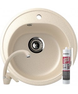 Set Baterie FLEKO FZXC MB203 + Chiuveta rotunda Compozit Bucatarie Ulgran U-101-328 + Silicon etansare, Bej, Sistem scurgere Complet inclus