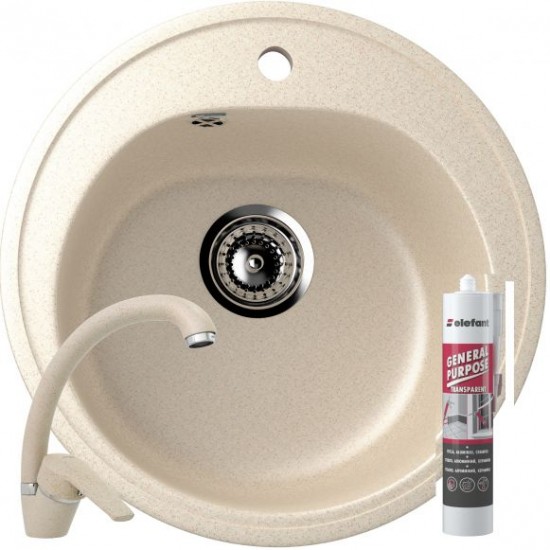 Set Baterie FLEKO FZXC MB203 + Chiuveta rotunda Compozit Bucatarie Ulgran U-101-328 + Silicon etansare, Bej, Sistem scurgere Complet inclus