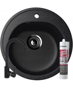 Set Chiuveta rotunda Compozit Bucatarie Ulgran U-101-308, Negru, Sifon Complet inclus + Baterie Fleko FZXC-MD410 Negru + Silicon etansare