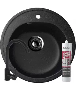 Set Chiuveta rotunda Compozit Bucatarie Ulgran U-101-308, Negru, Sifon Complet inclus + Baterie Fleko FZXC-MD410 Negru + Silicon etansare Set Chiuveta rotunda Compozit Bucatarie Ulgran U-101-308, Negru, Sifon Complet inclus + Baterie Fleko FZXC-MD410 Negru + Silicon etansare