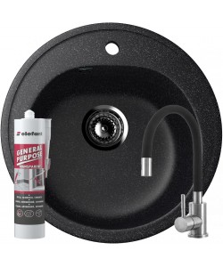 Set Chiuveta rotunda Compozit Bucatarie Ulgran U-101-308, Negru, Sifon Complet inclus + Silicon etansare + Baterie Fleko flexibila, cauciucata, Negru