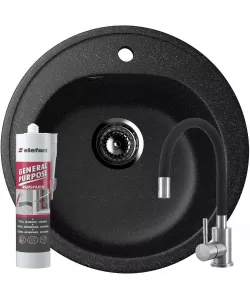 Set Chiuveta rotunda Compozit Bucatarie Ulgran U-101-308, Negru, Sifon Complet inclus + Silicon etansare + Baterie Fleko flexibila, cauciucata, Negru Set Chiuveta rotunda Compozit Bucatarie Ulgran U-101-308, Negru, Sifon Complet inclus + Silicon etansare + Baterie Fleko flexibila, cauciucata, Negru