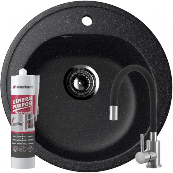Set Chiuveta rotunda Compozit Bucatarie Ulgran U-101-308, Negru, Sifon Complet inclus + Silicon etansare + Baterie Fleko flexibila, cauciucata, Negru Set Chiuveta rotunda Compozit Bucatarie Ulgran U-101-308, Negru, Sifon Complet inclus + Silicon etansare + Baterie Fleko flexibila, cauciucata, Negru