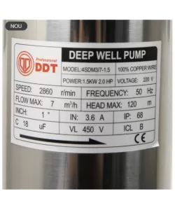 Pompa submersibila de mare adancime, DDT, 4SDM3-7, 1500 W, 7 m³/h, 7 turbine, Inox, 30 m cablu Pompa submersibila de mare adancime, DDT, 4SDM3-7, 1500 W, 7 m³/h, 7 turbine, Inox, 30 m cablu