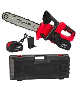 Drujba /mini fierastrau cu acumulator DDT-CRISTAL, 21V, 4A, Indicator procentaj baterie, sistem de ungere automat, Lama+Lant 12"Geanta transport, Rosu-Negru