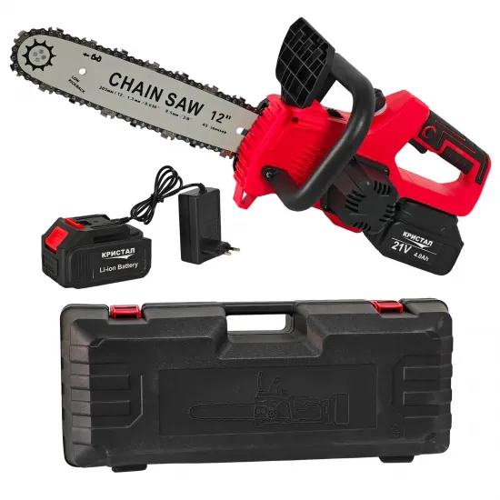 Drujba /mini fierastrau cu acumulator DDT-CRISTAL, 21V, 4A, Indicator procentaj baterie, sistem de ungere automat, Lama+Lant 12"Geanta transport, Rosu-Negru