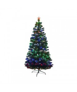 Brad artificial fibra optica si LED-uri multicolore, 180 cm, varfuri albe, decor stea