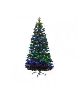 Brad artificial fibra optica si LED-uri multicolore, 180 cm, varfuri albe, decor stea