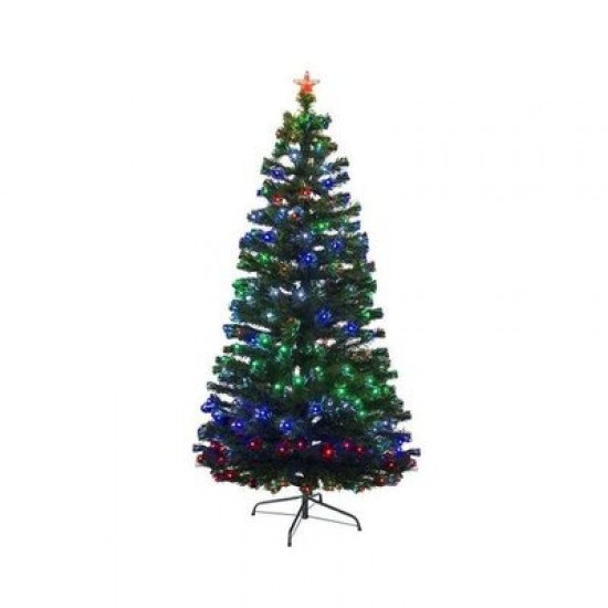 Brad artificial fibra optica si LED-uri multicolore, 180 cm, varfuri albe, decor stea
