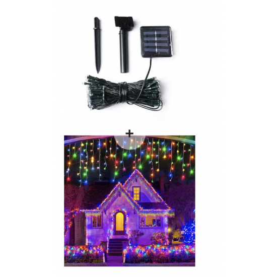 Instalatie 100 LED, pentru exterior, cu incarcare solara, multicolora + Instalatie Craciun Turturi, 5 m, 120 Led-uri, 8 jocuri de lumini, Franjuri, Exterior/Interior, Fir Alb, Interconectabila, Multicolor