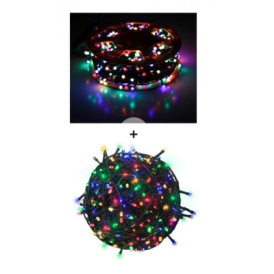 Pachet promo: Instalatie de Craciun Multicolor Tip Rola, MENTON , Liniara, 50m, 500 leduri 6025RB / ghirlanda lunga , Utilizare Exterior-Interior ,Model A100 + Instalatie pom de Craciun, 5m 140 Bec, Multicolor
