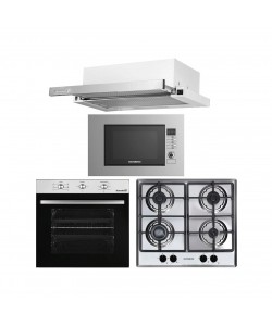 Pachet incorporabil HAUSBERG cuptor electric HB-8053IN, 2225W, 6 Functii, 71L, plita gaz HB-555, 4 arzatoare, aprindere electrica, hota telescopic HB-1285IN, absorbtie 420 m3/h, 2 motoare, 60cm, cuptor microunde HB-8065IN, 1200W, 20L, Inox