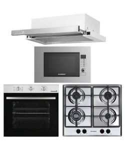 Pachet incorporabil HAUSBERG cuptor electric HB-8053IN, 2225W, 6 Functii, 71L, plita gaz HB-555, 4 arzatoare, aprindere electrica, hota telescopic HB-1285IN, absorbtie 420 m3/h, 2 motoare, 60cm, cuptor microunde HB-8065IN, 1200W, 20L, Inox