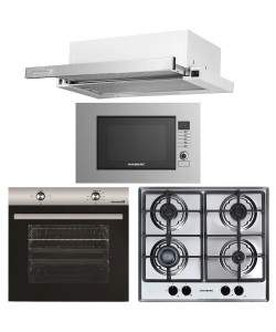 Pachet incorporabil HAUSBERG cuptor electric HB-8051IN, 2000W, 4 Functii, 76L, plita gaz HB-555, 4 arzatoare, aprindere electrica, hota telescopic HB-1285IN, absorbtie 420 m3/h, 2 motoare, 60cm, cuptor microunde HB-8065IN, 1200W, 20L, Inox