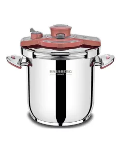 Oala sub presiune HAUSBERG HB-H 309, 9 litri, inox 18/10, Inductie, Triplu fund, Argintiu-rosu Oala sub presiune HAUSBERG HB-H 309, 9 litri, inox 18/10, Inductie, Triplu fund, Argintiu-rosu