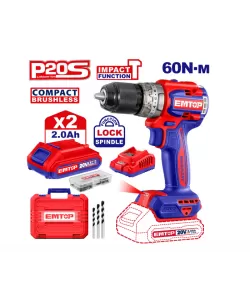 Masina de gaurit cu impact cu 2 acumulatori, 60Nm, motor fara perii, compacta, EMTOP Masina de gaurit cu impact cu 2 acumulatori, 60Nm, motor fara perii, compacta, EMTOP