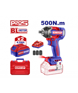 Bormasina de impact si insurubat cu 2 acumulatori 4.0Ah, motor fara perii (brushless), 500 Nm, 1/2", 3 capete 21, 22, 24mm, EMTOP