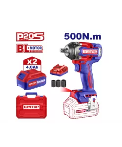 Bormasina de impact si insurubat cu 2 acumulatori 4.0Ah, motor fara perii (brushless), 500 Nm, 1/2", 3 capete 21, 22, 24mm, EMTOP Bormasina de impact si insurubat cu 2 acumulatori 4.0Ah, motor fara perii (brushless), 500 Nm, 1/2", 3 capete 21, 22, 24mm, EMTOP