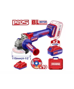 Polizor unghiular cu 2 acumulatori 4.0Ah, motor fara perii (brushless), 115mm, 10 discuri incluse, EMTOP Polizor unghiular cu 2 acumulatori 4.0Ah, motor fara perii (brushless), 115mm, 10 discuri incluse, EMTOP