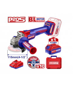 Polizor unghiular cu 1 acumulator 4.0Ah, motor fara perii (brushless), 115mm, 10 discuri incluse, EMTOP