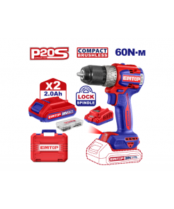 Masina de gaurit si insurubat cu 2 acumulatori 2.0AH, motor fara perii (brushless), 60Nm, 1/2", 47 accesorii, cutie transport , EMTOP