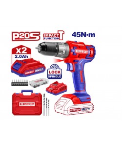 Masina de gaurit si insurubat cu percutie cu 2 acumulatori 2.0AH, 45Nm, 55 accesorii, 3 burghie, cutie transport, EMTOP