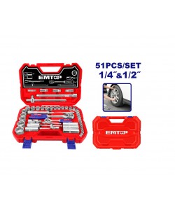 Trusa de scule si accesorii 1/4″ + 1/2″, 51 componente, cutie de transport , EMTOP