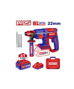 Ciocan rotopercutor cu 1 acumulator 4.0Ah, motor fara perii (brushless), 22mm, 2.0J, 3 burghie, cutie de transport, EMTOP Ciocan rotopercutor cu 1 acumulator 4.0Ah, motor fara perii (brushless), 22mm, 2.0J, 3 burghie, cutie de transport, EMTOP